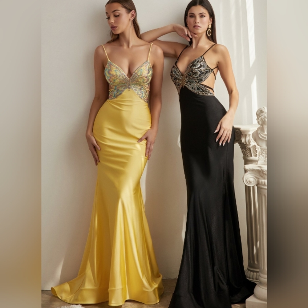 Designer yellow or black formal dress, fitted long open back like satin dress
